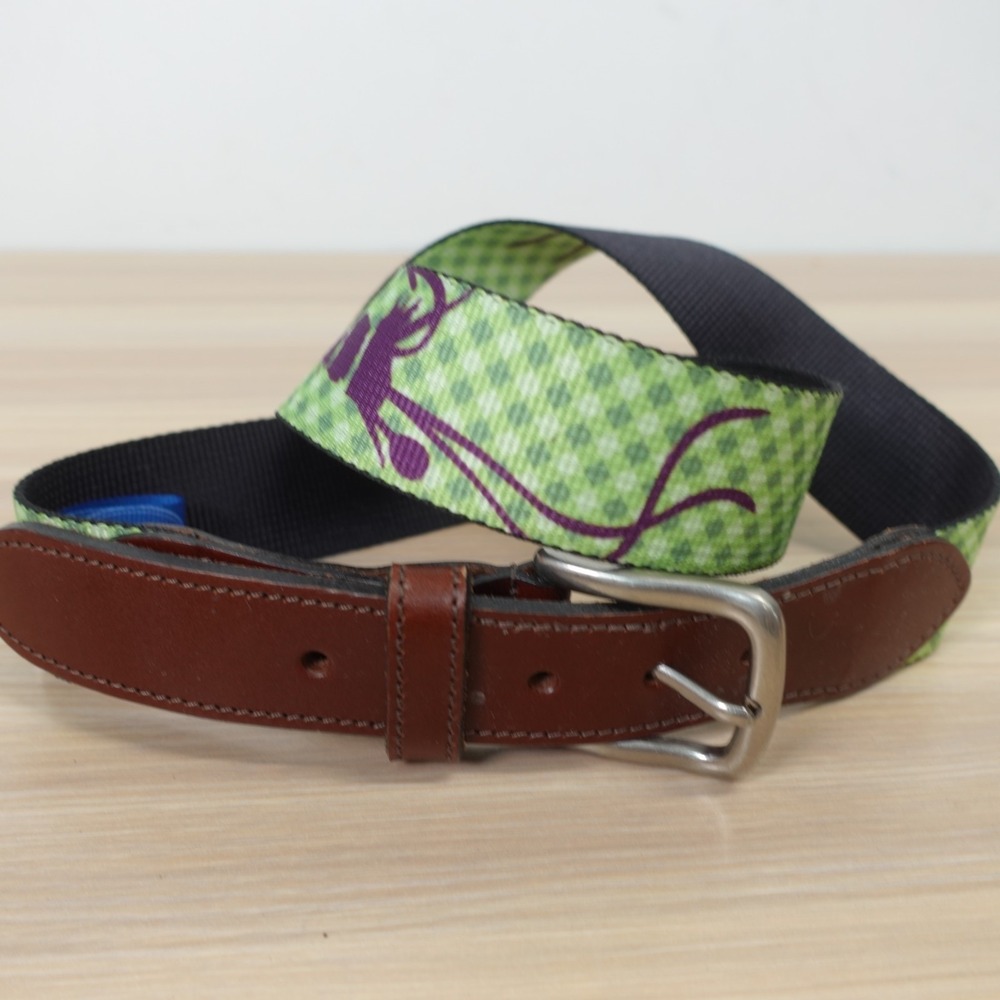 Thomas Bates Canvas Leather Belt 34 M Green Gingham Fishing USA Made TRUE FLIES